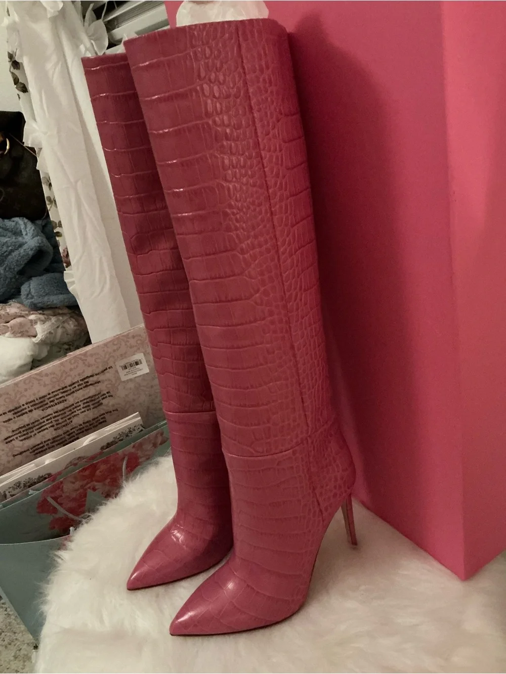 Paris Texas Pink Croc-Embossed Knee-High Pointed Toe Boots - Picture 3 of 9